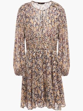 Maje Metallic Fil Coupé Floral Dress FR 40 US 8 Boho Long Sleeve Gathered Waist